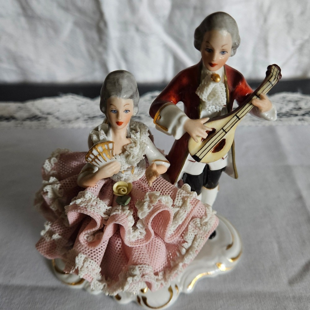 Vintage Dresden Lace Porcelain Figurine Courting Couple